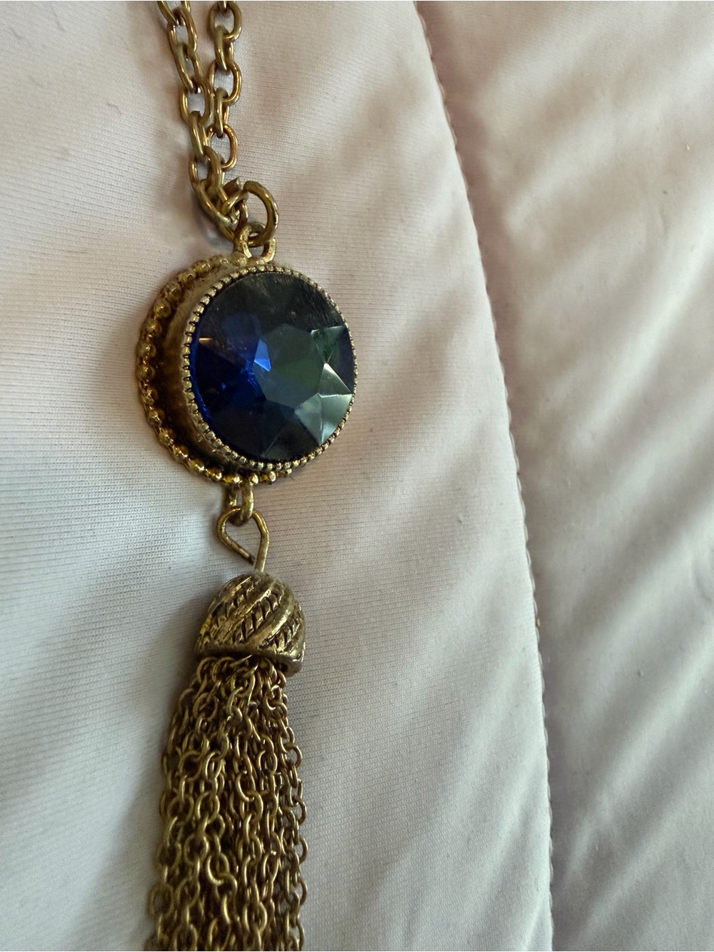 Gold Tassel Necklace with Blue Crystal Pendant - Women Jewelry